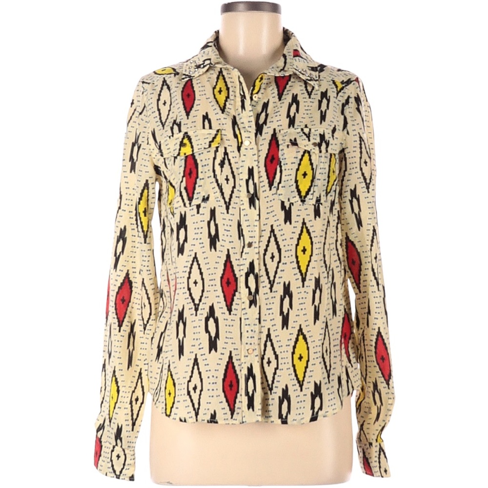 Long Sleeve Western Ikat Print Top shirt blouse Snap Buttons medium